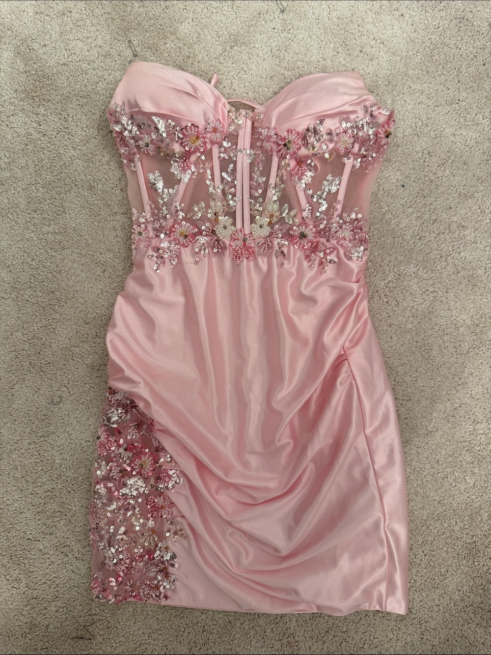 Strapless Pink Sequin-Embellished Prom Dress